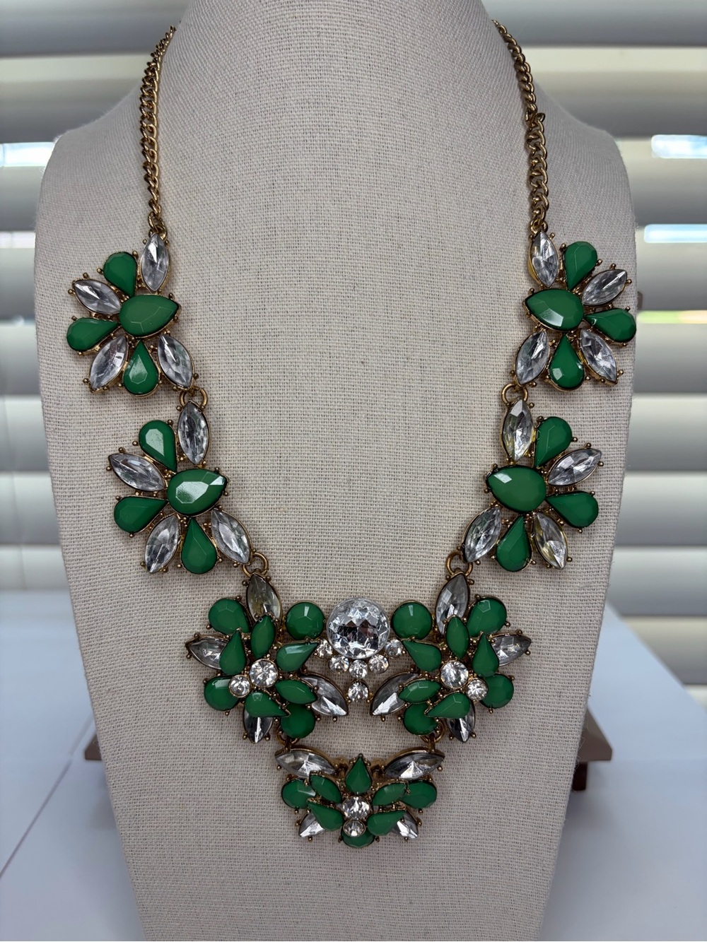 Green Crystal Floral Bib Necklace with Gold Chain